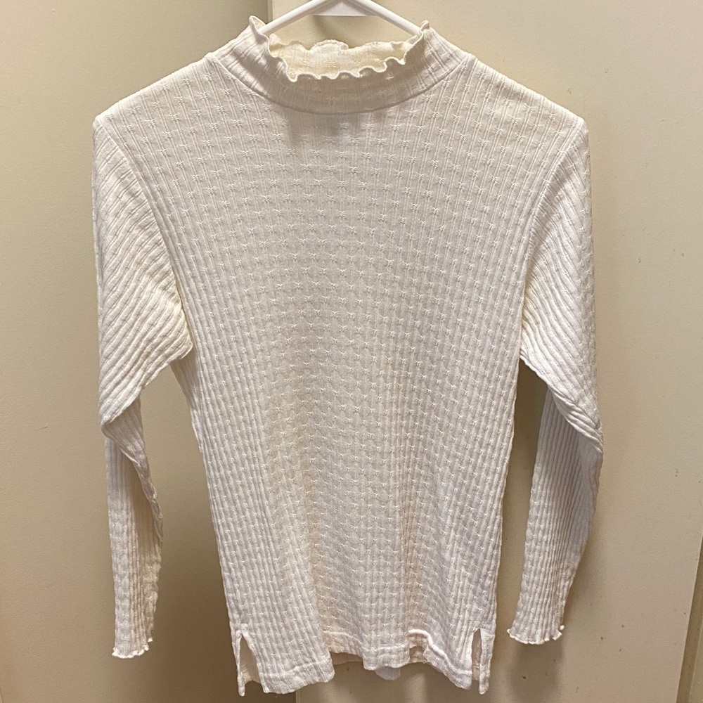 White  Long Sleeve Textured Top with Scalloped Neck